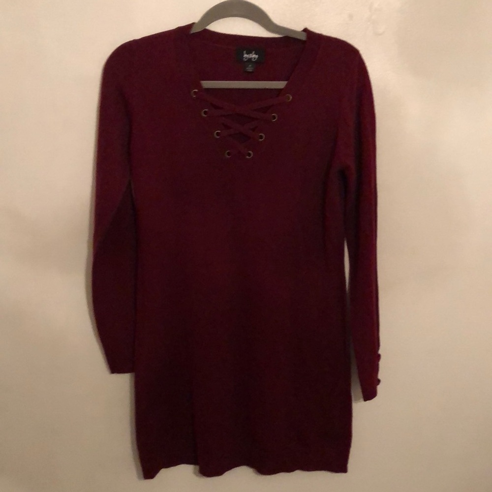 Burgundy mini dress.